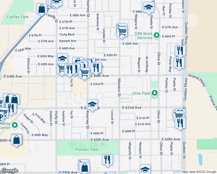 map of restaurants, bars, coffee shops, grocery stores, and more near 6360 East 63rd Place in Commerce City