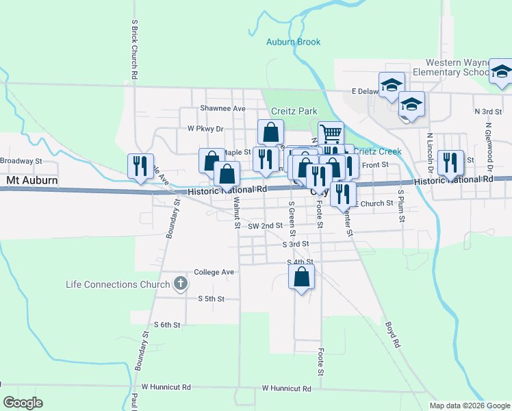 map of restaurants, bars, coffee shops, grocery stores, and more near 319 West Church Street in Cambridge City