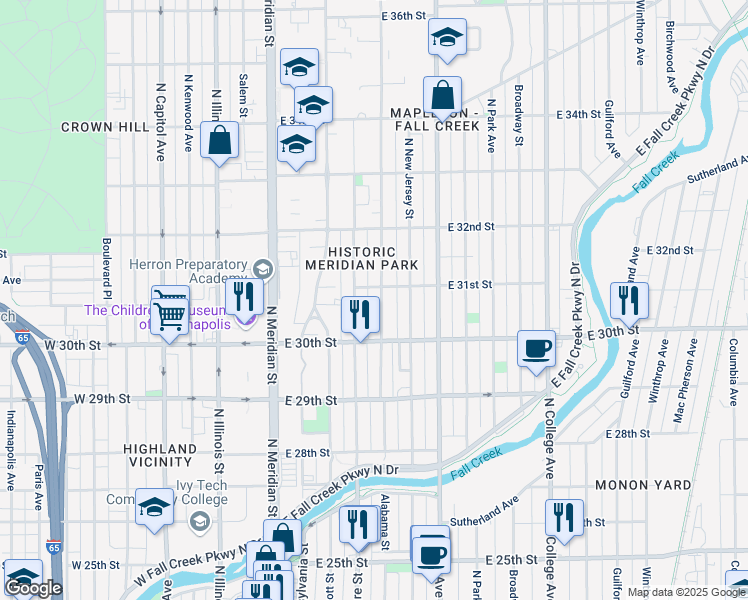 map of restaurants, bars, coffee shops, grocery stores, and more near 3050 North Washington Boulevard in Indianapolis