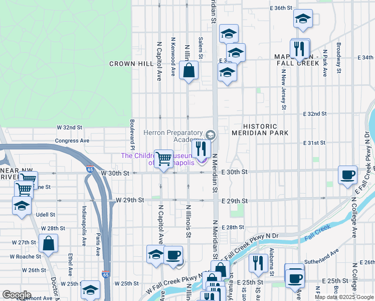 map of restaurants, bars, coffee shops, grocery stores, and more near 3043 North Illinois Street in Indianapolis