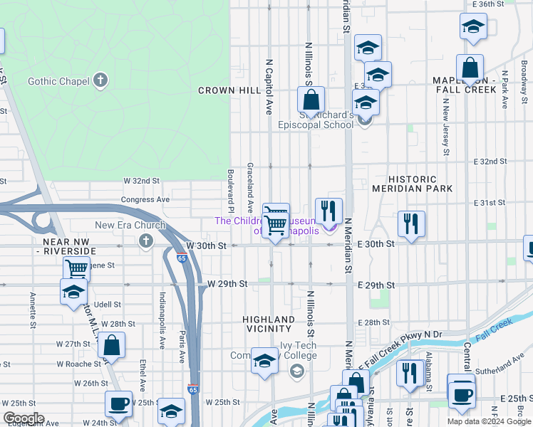 map of restaurants, bars, coffee shops, grocery stores, and more near 3047 North Capitol Avenue in Indianapolis