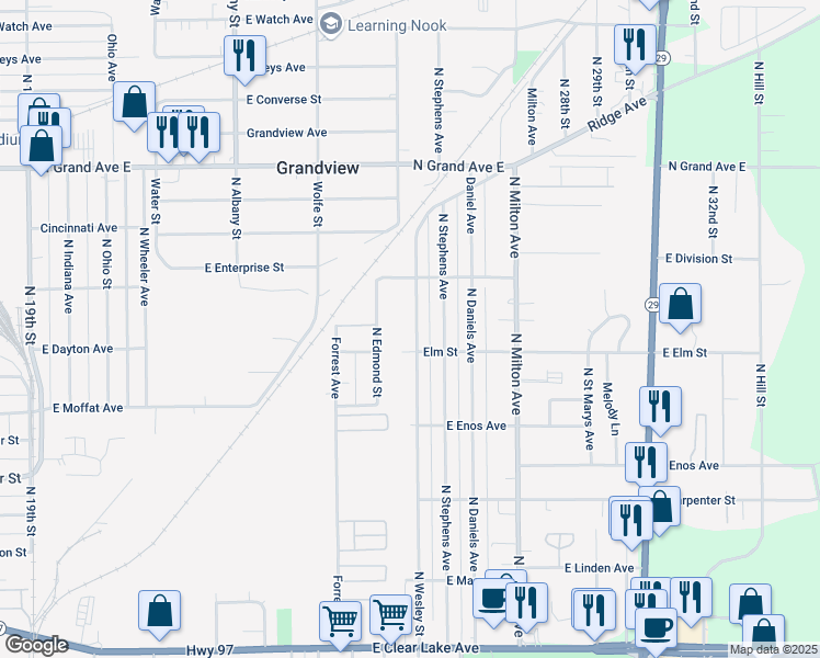 map of restaurants, bars, coffee shops, grocery stores, and more near 900-1098 North Wesley Street in Springfield