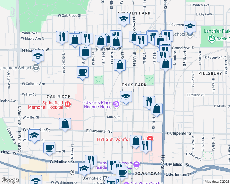 map of restaurants, bars, coffee shops, grocery stores, and more near 900-998 N 4th St in Springfield