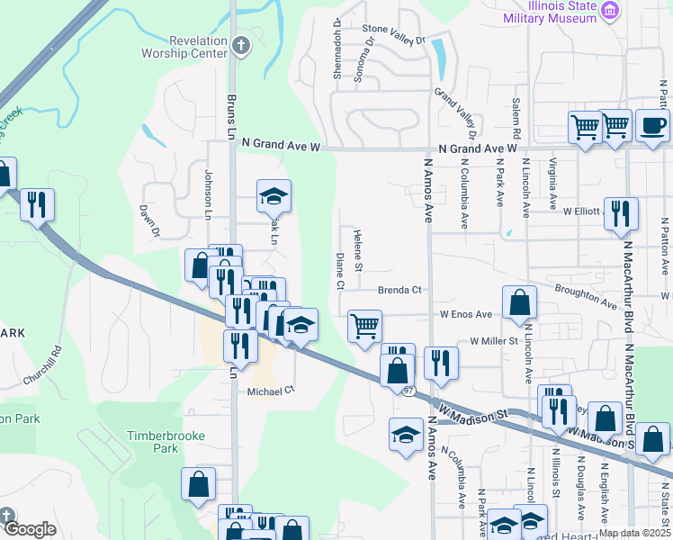 map of restaurants, bars, coffee shops, grocery stores, and more near 804 Diane Court in Springfield