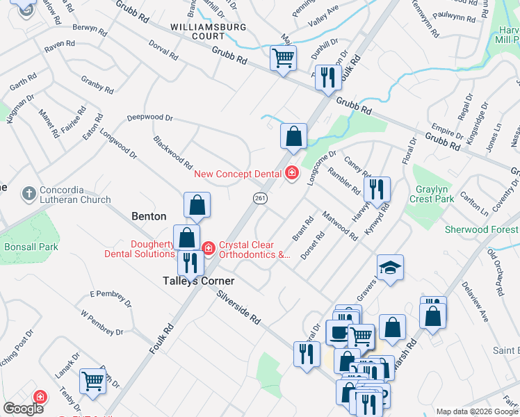 map of restaurants, bars, coffee shops, grocery stores, and more near 2406 Marleton Drive in Wilmington