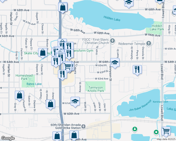 map of restaurants, bars, coffee shops, grocery stores, and more near 6345 Winona Street in Arvada