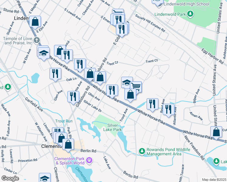 map of restaurants, bars, coffee shops, grocery stores, and more near 46 Watson Boulevard in Clementon