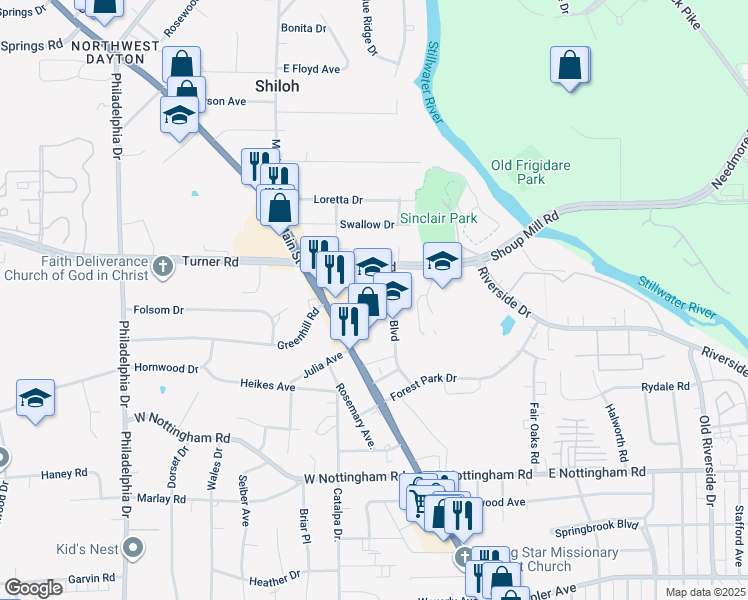 map of restaurants, bars, coffee shops, grocery stores, and more near 250 Shoup Mill Road in Dayton