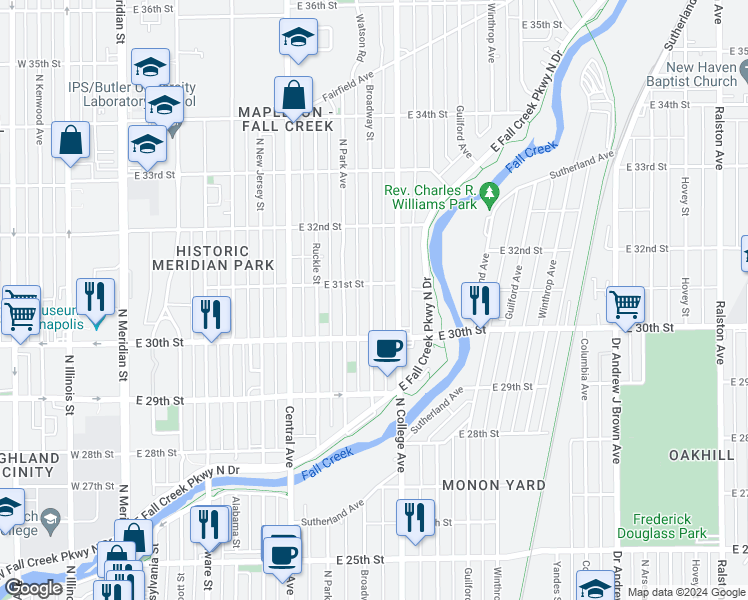 map of restaurants, bars, coffee shops, grocery stores, and more near 3043 Broadway Street in Indianapolis