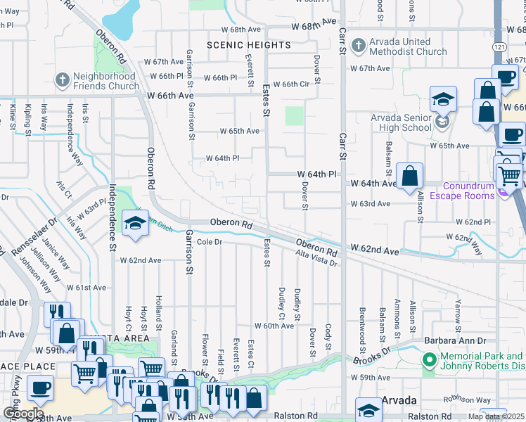 map of restaurants, bars, coffee shops, grocery stores, and more near 6257 Estes Street in Arvada
