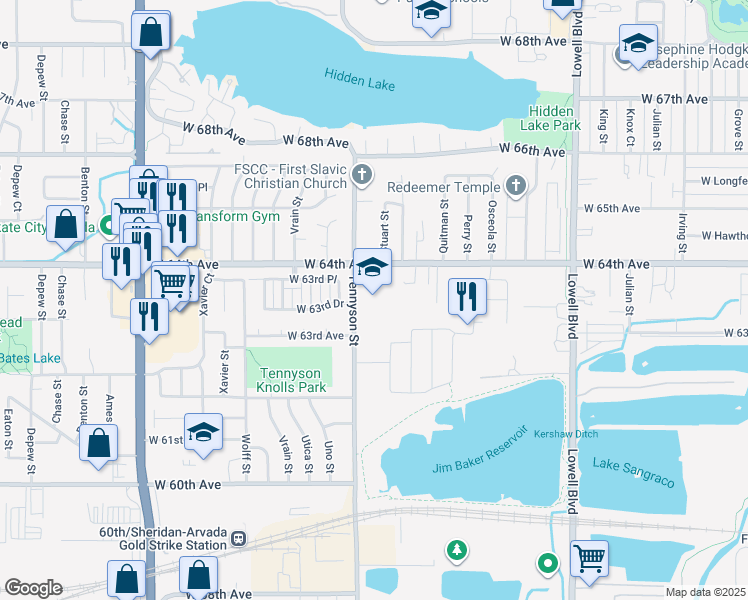 map of restaurants, bars, coffee shops, grocery stores, and more near 6330 Tennyson Street in Arvada