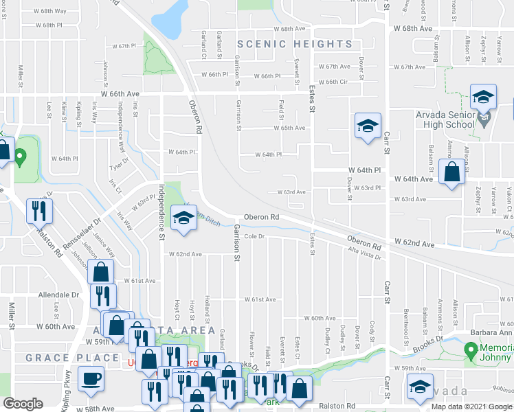 map of restaurants, bars, coffee shops, grocery stores, and more near 9105 Oberon Road in Arvada