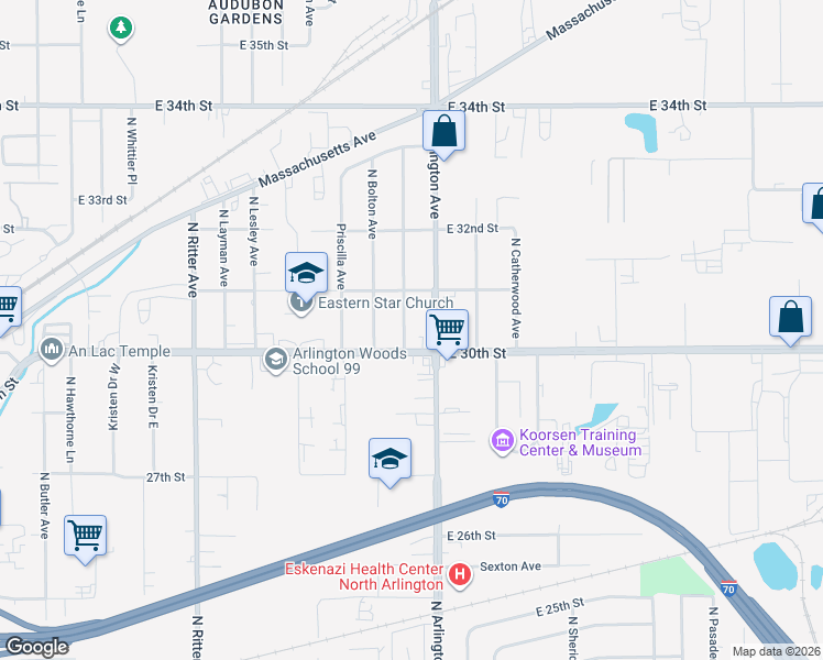 map of restaurants, bars, coffee shops, grocery stores, and more near 3007 North Campbell Avenue in Indianapolis