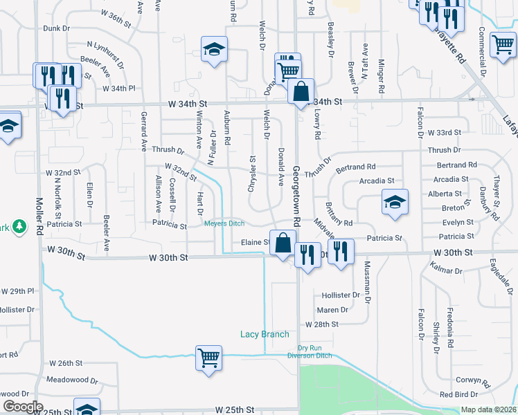 map of restaurants, bars, coffee shops, grocery stores, and more near 3125 Chrysler Street in Indianapolis
