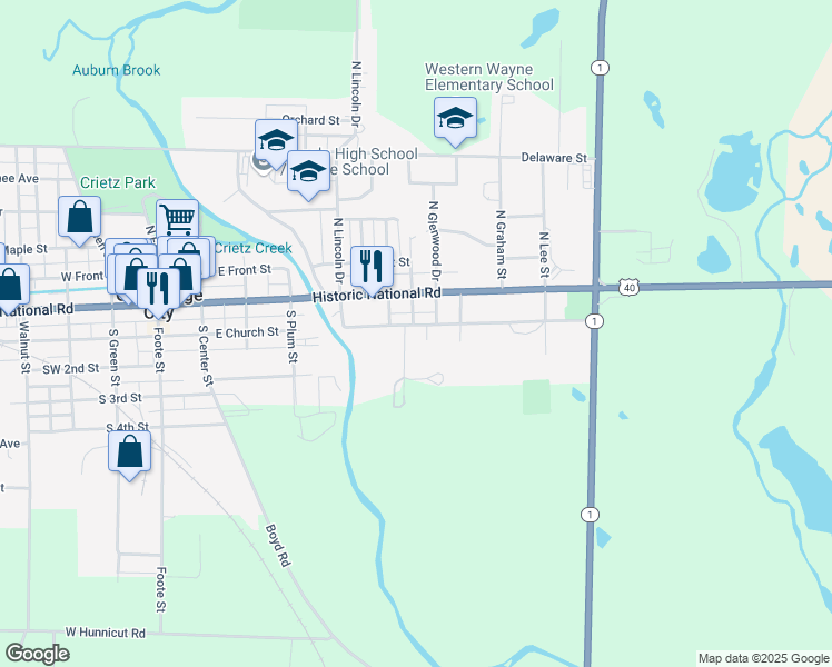 map of restaurants, bars, coffee shops, grocery stores, and more near 520 East Church Street in Cambridge City