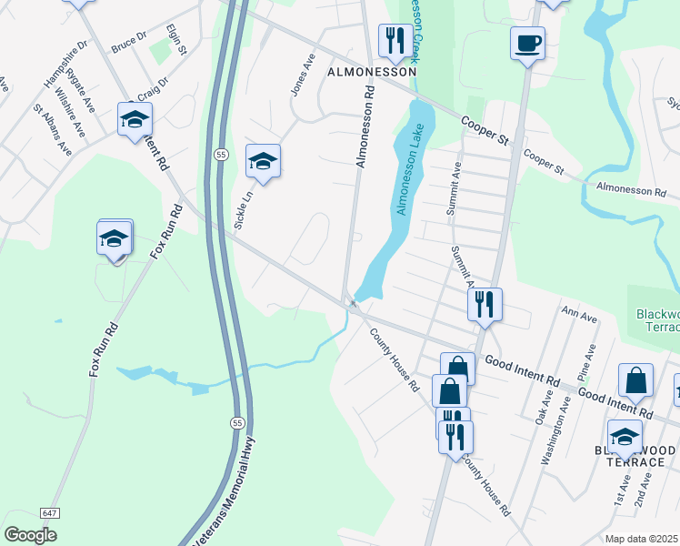 map of restaurants, bars, coffee shops, grocery stores, and more near 1874 Almonesson Road in Woodbury