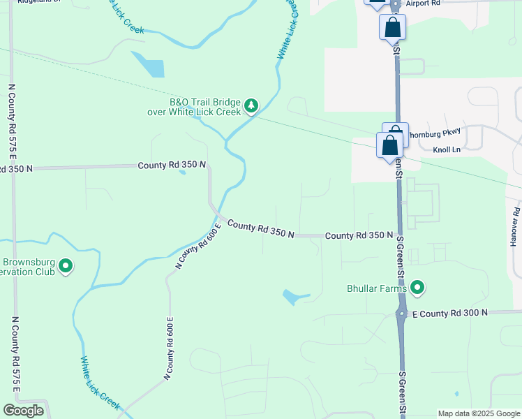 map of restaurants, bars, coffee shops, grocery stores, and more near 6668 County Road 350 North in Brownsburg