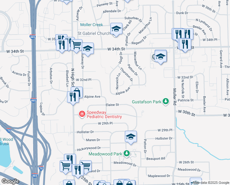 map of restaurants, bars, coffee shops, grocery stores, and more near 5843 Alpine Avenue in Indianapolis