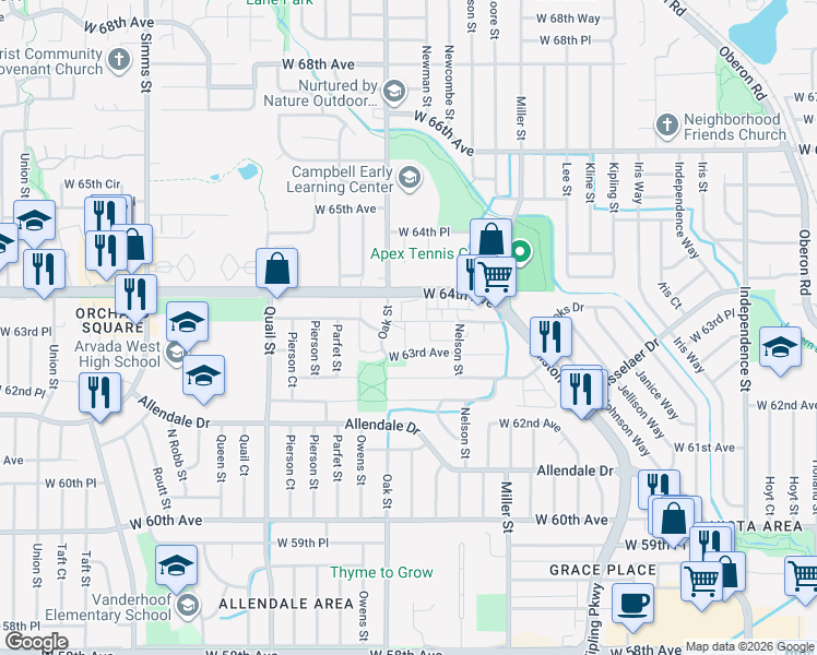 map of restaurants, bars, coffee shops, grocery stores, and more near 6350 Oak Street in Arvada