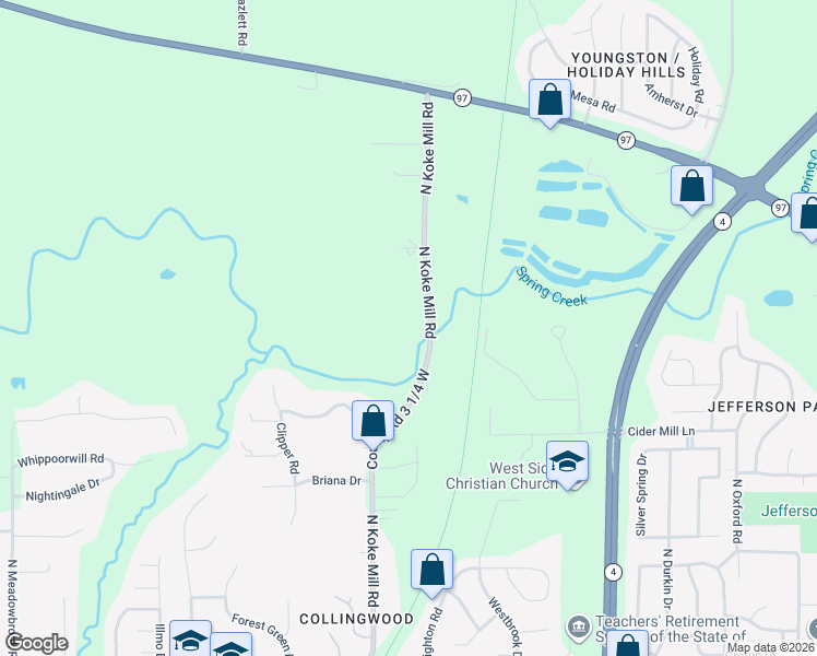 map of restaurants, bars, coffee shops, grocery stores, and more near 801 County Road 3 1/4 West in Springfield