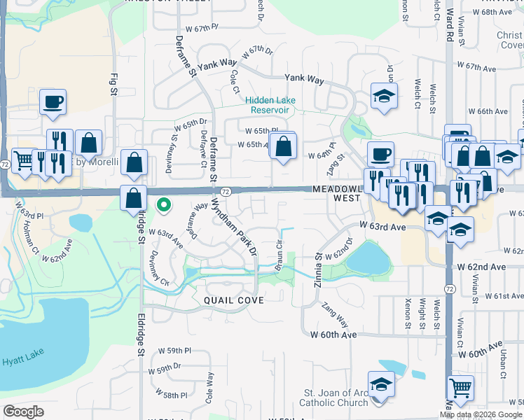 map of restaurants, bars, coffee shops, grocery stores, and more near 6325 Braun Lane in Arvada