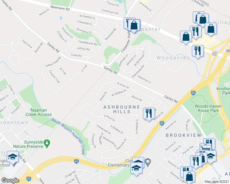map of restaurants, bars, coffee shops, grocery stores, and more near 180 West Shelley Drive in Claymont
