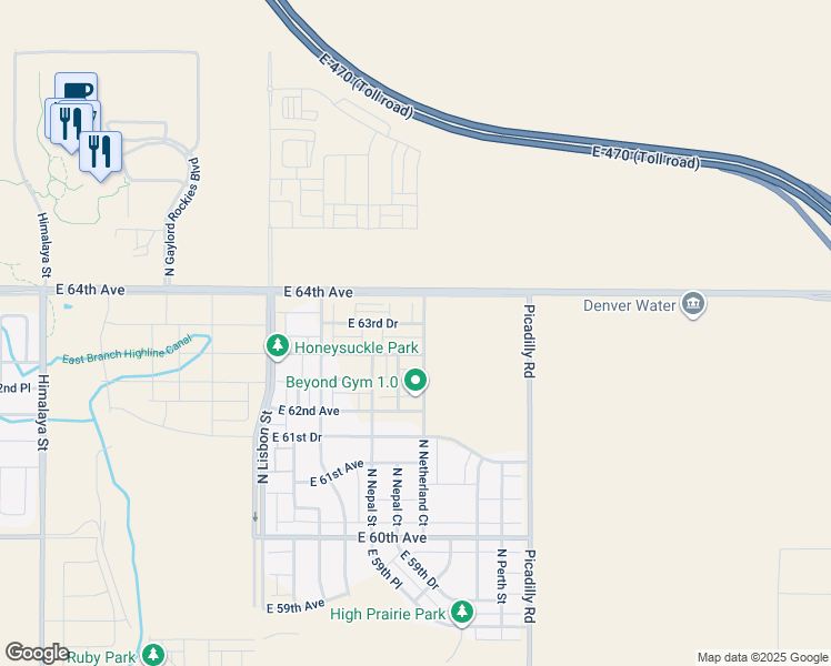 map of restaurants, bars, coffee shops, grocery stores, and more near East 64th Avenue in Aurora