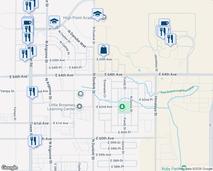 map of restaurants, bars, coffee shops, grocery stores, and more near 6325 Espana Street in Aurora