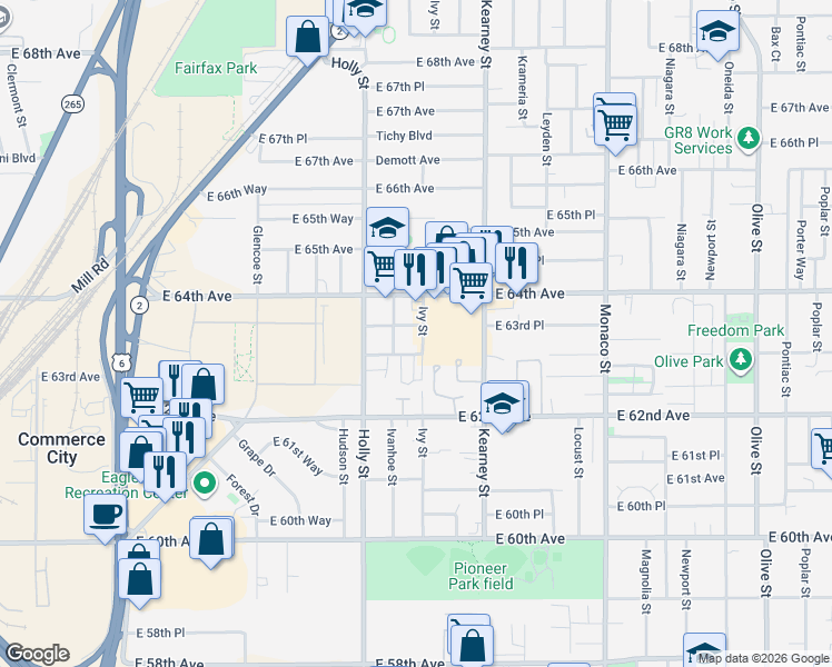 map of restaurants, bars, coffee shops, grocery stores, and more near 5770 East 63rd Place in Commerce City