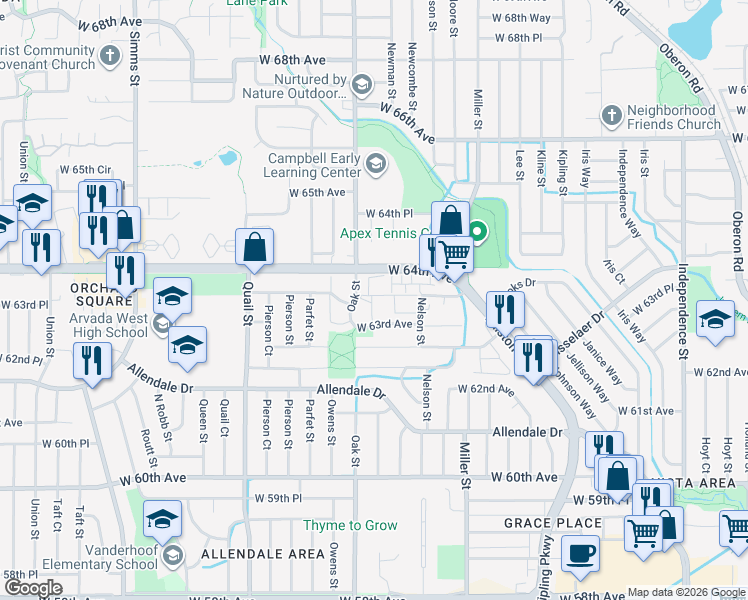 map of restaurants, bars, coffee shops, grocery stores, and more near 6350 Oak Street in Arvada