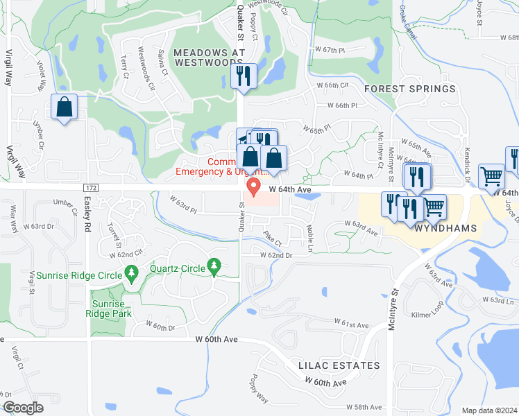 map of restaurants, bars, coffee shops, grocery stores, and more near 16313 West 63rd Place in Arvada