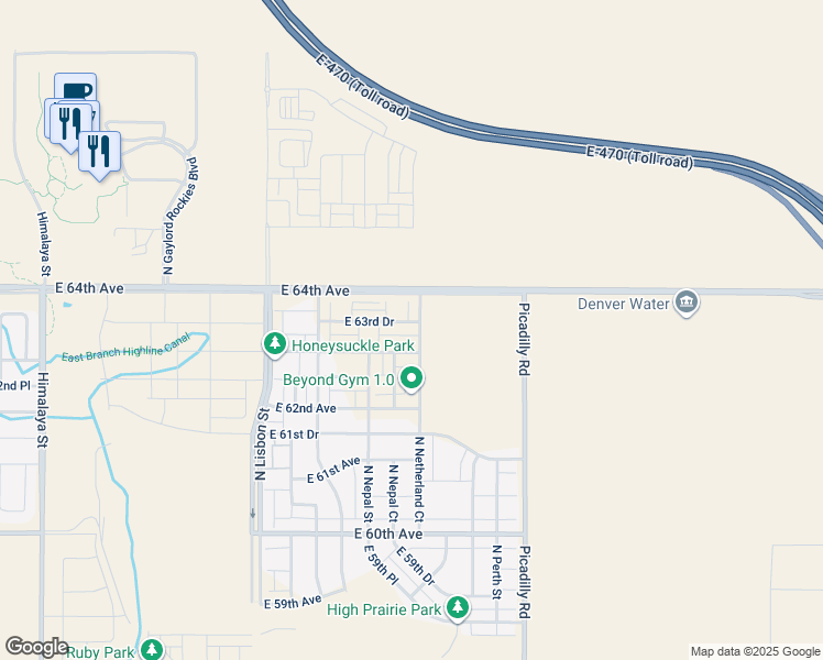 map of restaurants, bars, coffee shops, grocery stores, and more near East 64th Avenue in Aurora