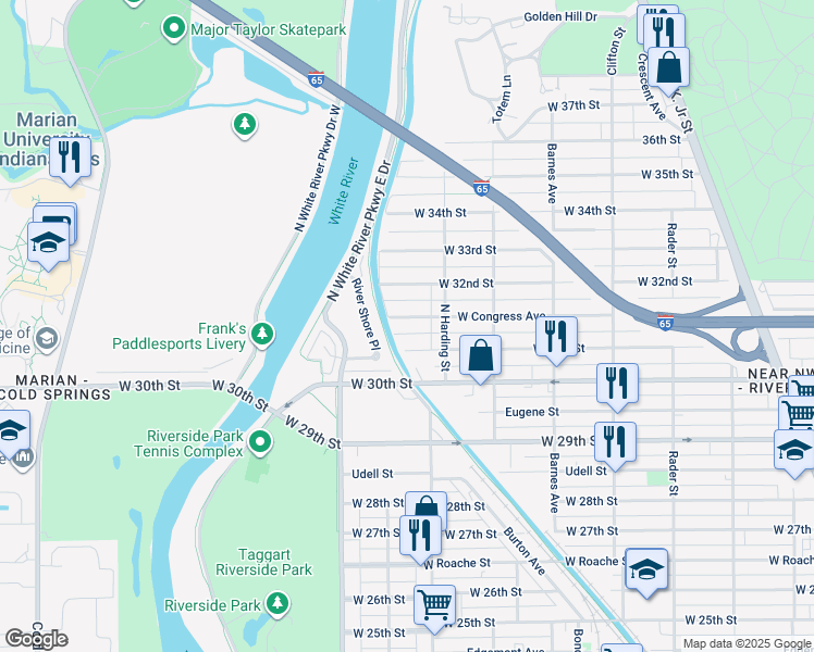 map of restaurants, bars, coffee shops, grocery stores, and more near 1441 West Congress Avenue in Indianapolis