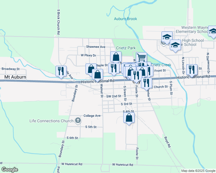 map of restaurants, bars, coffee shops, grocery stores, and more near 319 West Church Street in Cambridge City