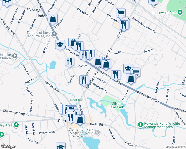 map of restaurants, bars, coffee shops, grocery stores, and more near 245 Gibbsboro Road in Clementon