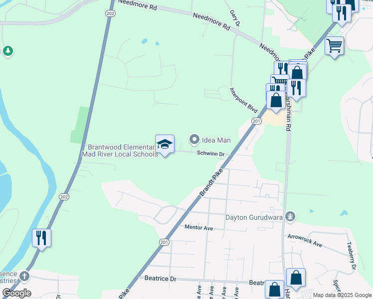 map of restaurants, bars, coffee shops, grocery stores, and more near 4500 Schwinn Drive in Dayton