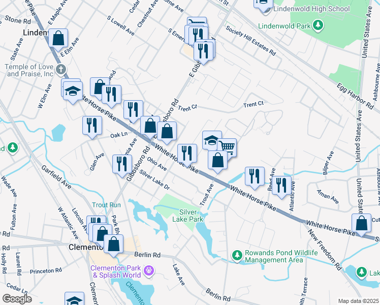 map of restaurants, bars, coffee shops, grocery stores, and more near 46 Watson Boulevard in Clementon