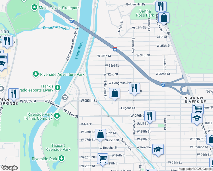 map of restaurants, bars, coffee shops, grocery stores, and more near 3125 North Harding Street in Indianapolis
