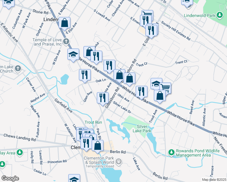 map of restaurants, bars, coffee shops, grocery stores, and more near 245 Gibbsboro Road in Clementon