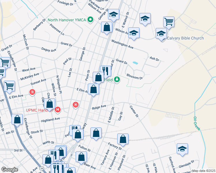 map of restaurants, bars, coffee shops, grocery stores, and more near 679 East Walnut Street in Hanover