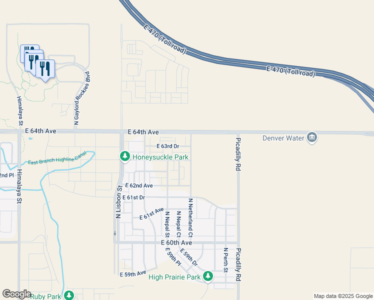 map of restaurants, bars, coffee shops, grocery stores, and more near East 64th Avenue in Aurora