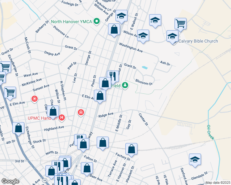 map of restaurants, bars, coffee shops, grocery stores, and more near 679 East Walnut Street in Hanover