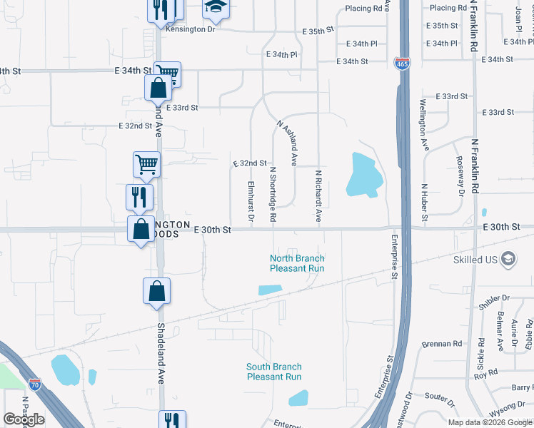 map of restaurants, bars, coffee shops, grocery stores, and more near 7302 30th Street in Indianapolis