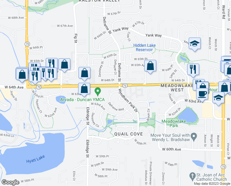 map of restaurants, bars, coffee shops, grocery stores, and more near 6394 Deframe Way in Arvada
