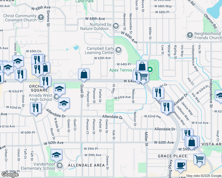 map of restaurants, bars, coffee shops, grocery stores, and more near 6348 Oak Court in Arvada