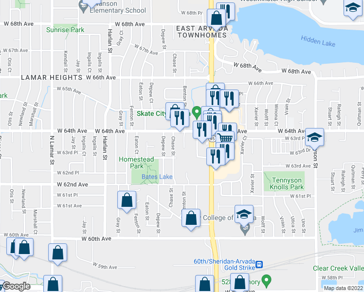 map of restaurants, bars, coffee shops, grocery stores, and more near 5430 West 64th Avenue in Arvada