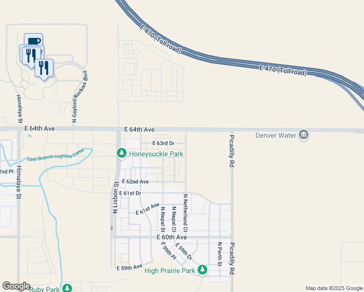 map of restaurants, bars, coffee shops, grocery stores, and more near East 64th Avenue in Aurora