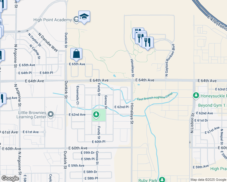 map of restaurants, bars, coffee shops, grocery stores, and more near 6324 North Genoa Way in Aurora