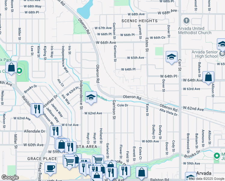 map of restaurants, bars, coffee shops, grocery stores, and more near 9201 Oberon Road in Arvada