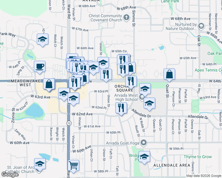 map of restaurants, bars, coffee shops, grocery stores, and more near 6340 Union Street in Arvada